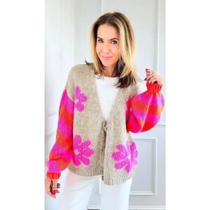 Coastal Bloom Flower Power Italian Cardigan V-Neck Heather Beige Womens Large